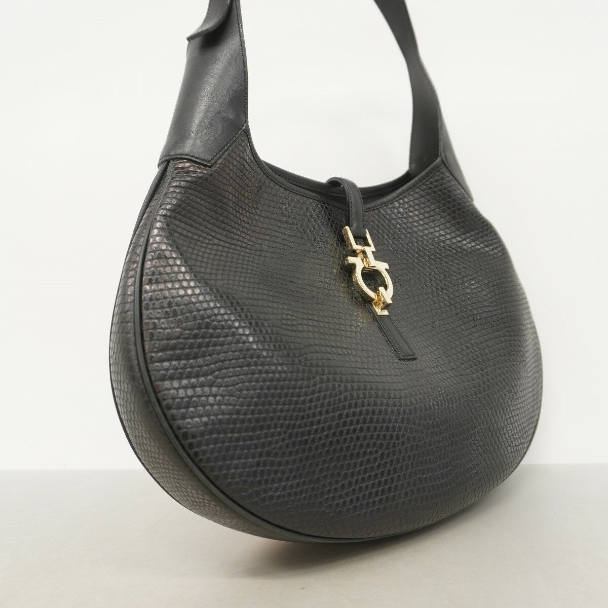 Salvatore Ferragamo Shoulder Bag Purse Gancini Leather Black Authentic