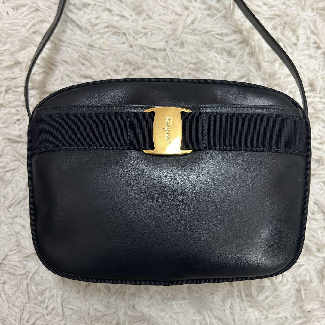 Salvatore Ferragamo Shoulder Camera Bag Purse Vara Ribbon Black Navy Authentic