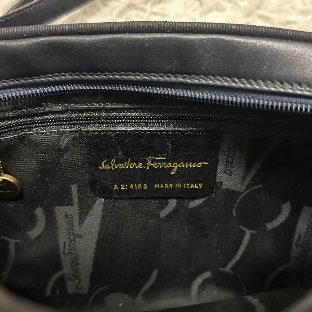 Salvatore Ferragamo Shoulder Camera Bag Purse Vara Ribbon Black Navy Authentic