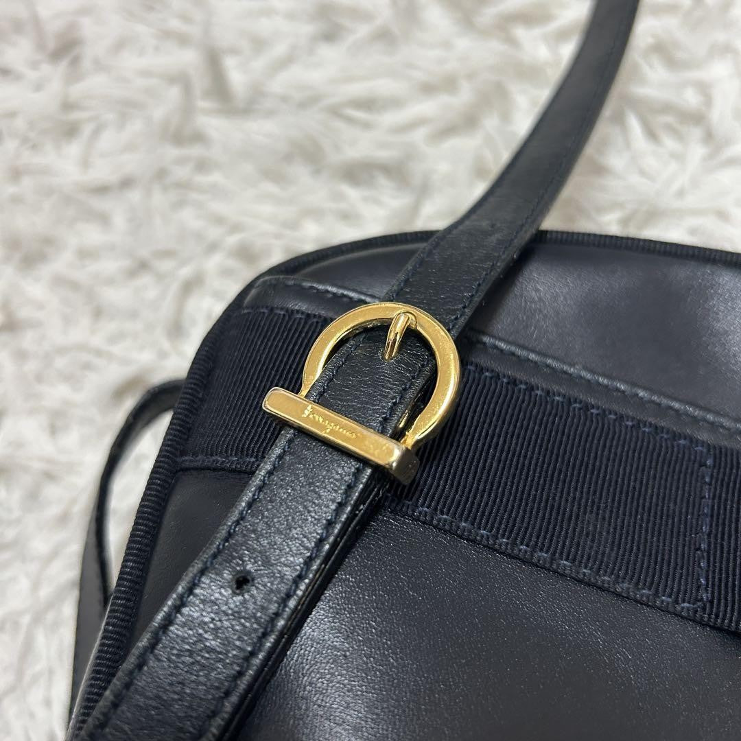 Salvatore Ferragamo Shoulder Camera Bag Purse Vara Ribbon Black Navy Authentic