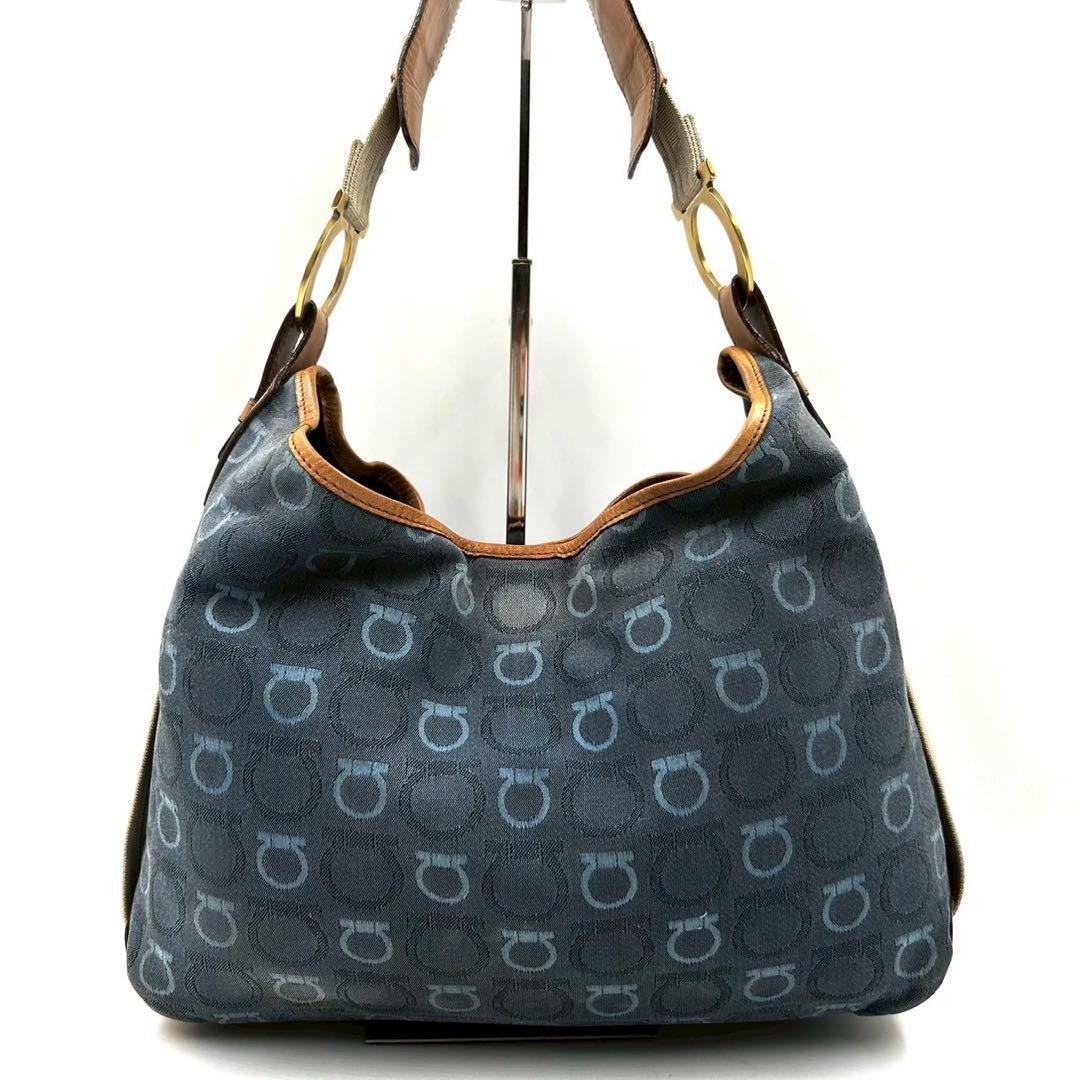 Salvatore Ferragamo Shoulder Bag Purse Gancini Canvas Leather Blue Authentic