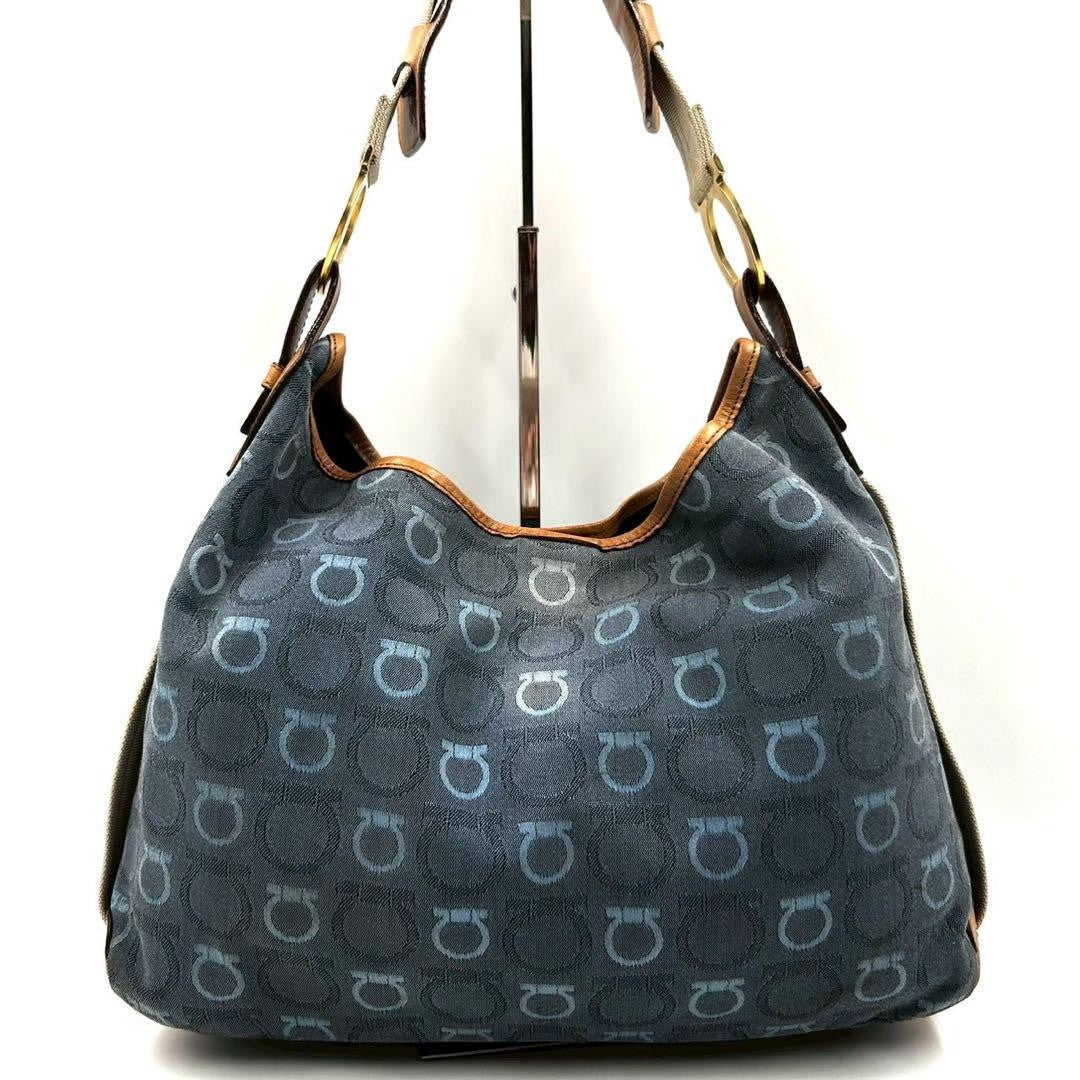 Salvatore Ferragamo Shoulder Bag Purse Gancini Canvas Leather Blue Authentic