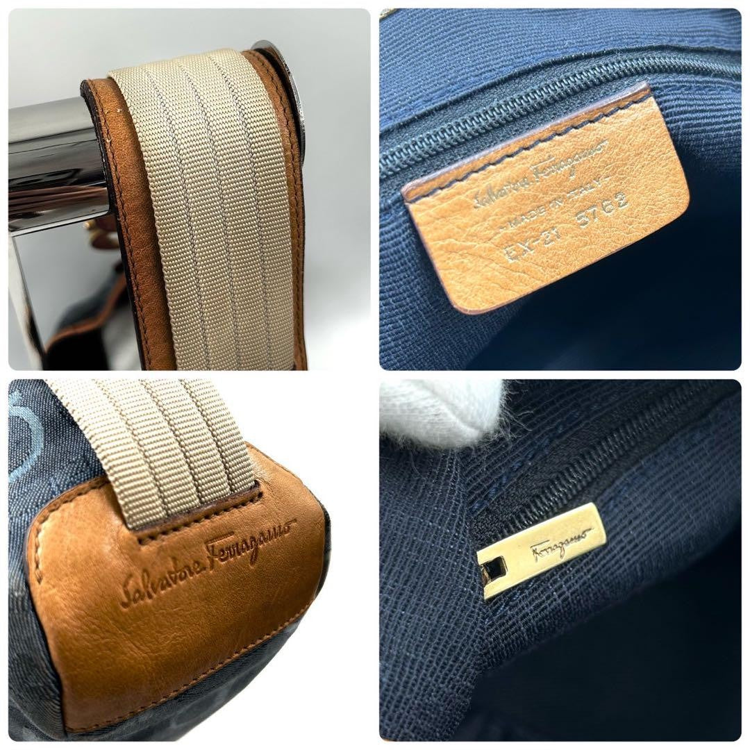 Salvatore Ferragamo Shoulder Bag Purse Gancini Canvas Leather Blue Authentic