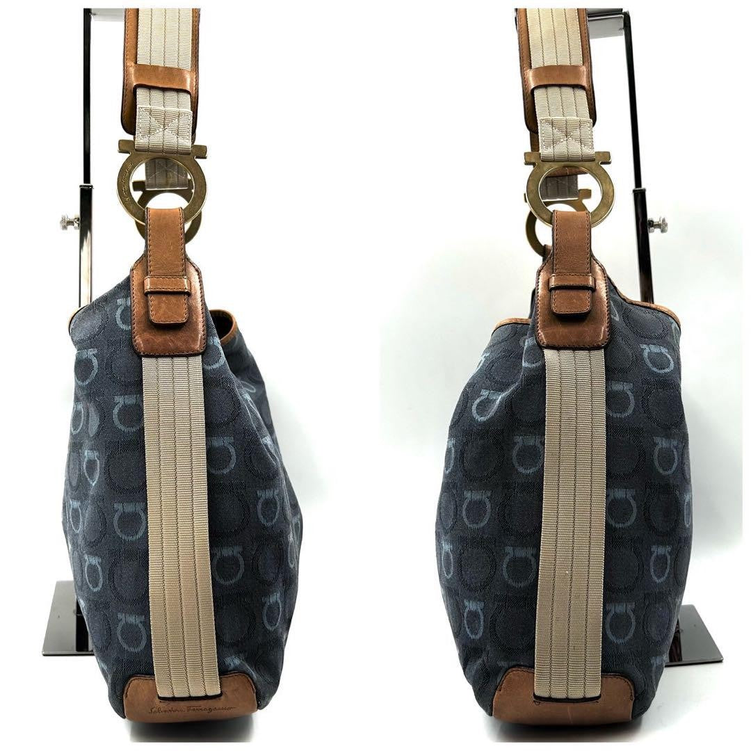 Salvatore Ferragamo Shoulder Bag Purse Gancini Canvas Leather Blue Authentic