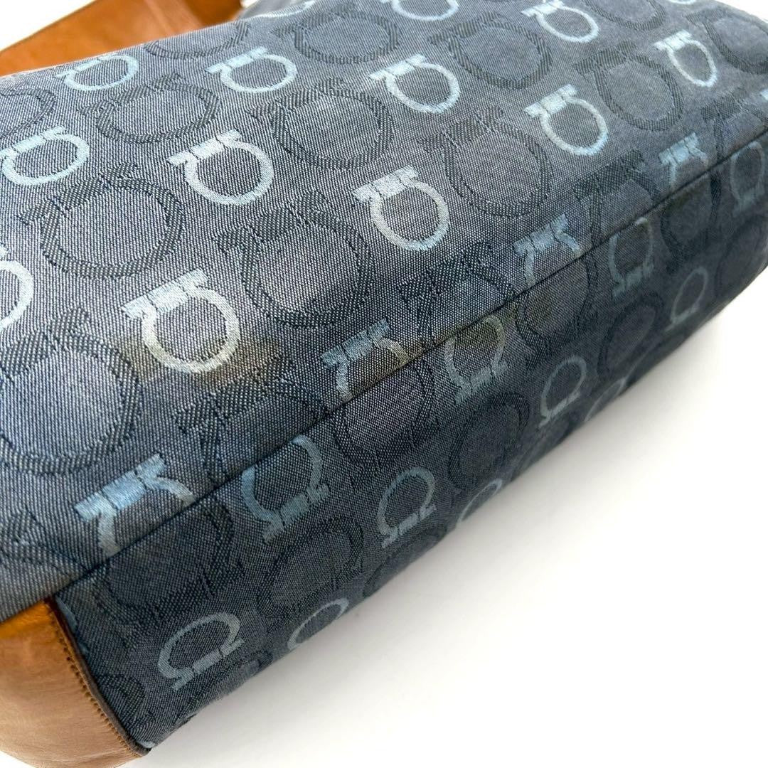 Salvatore Ferragamo Shoulder Bag Purse Gancini Canvas Leather Blue Authentic