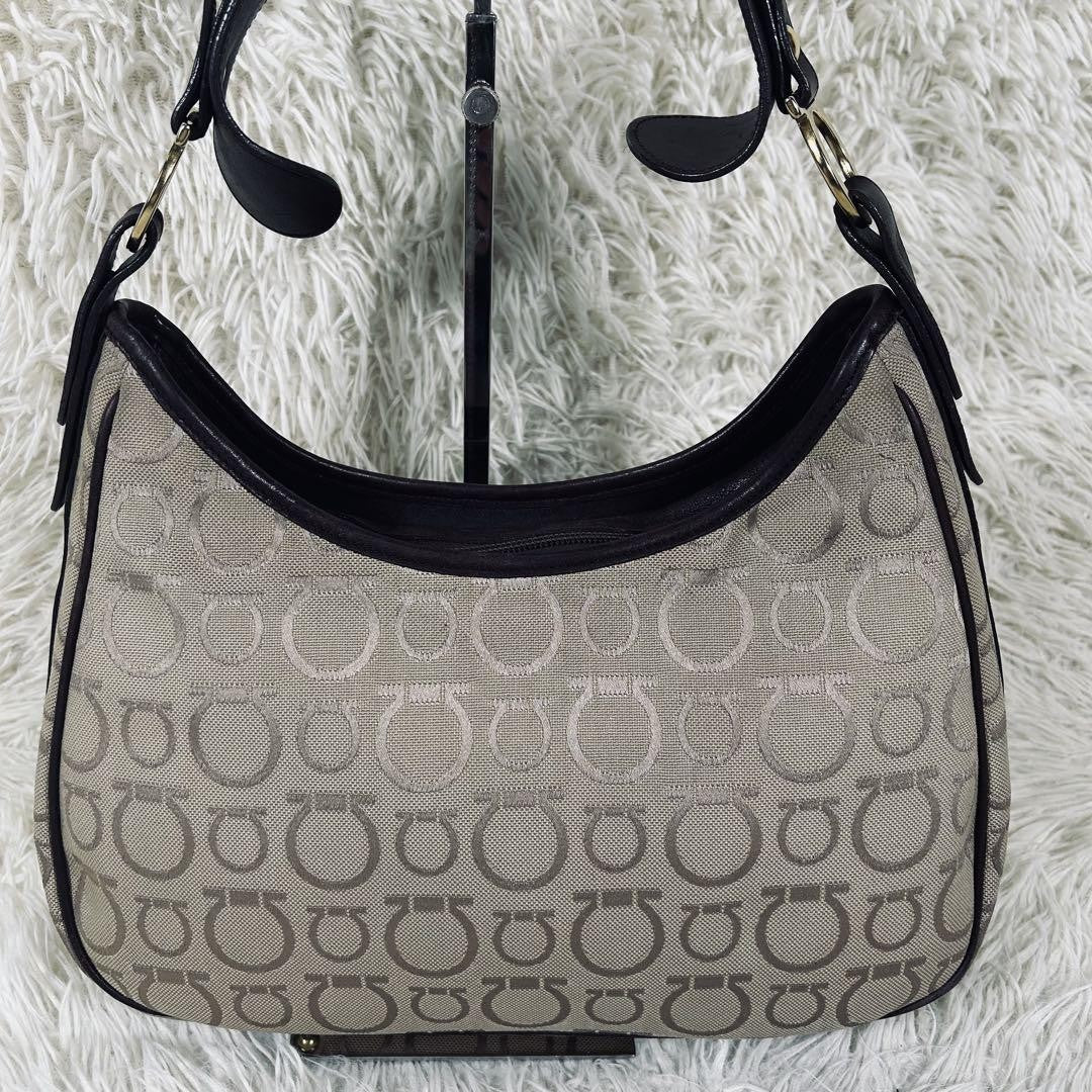 Salvatore Ferragamo Shoulder Bag Purse Gancini Canvas Leather Beige Brown Auth