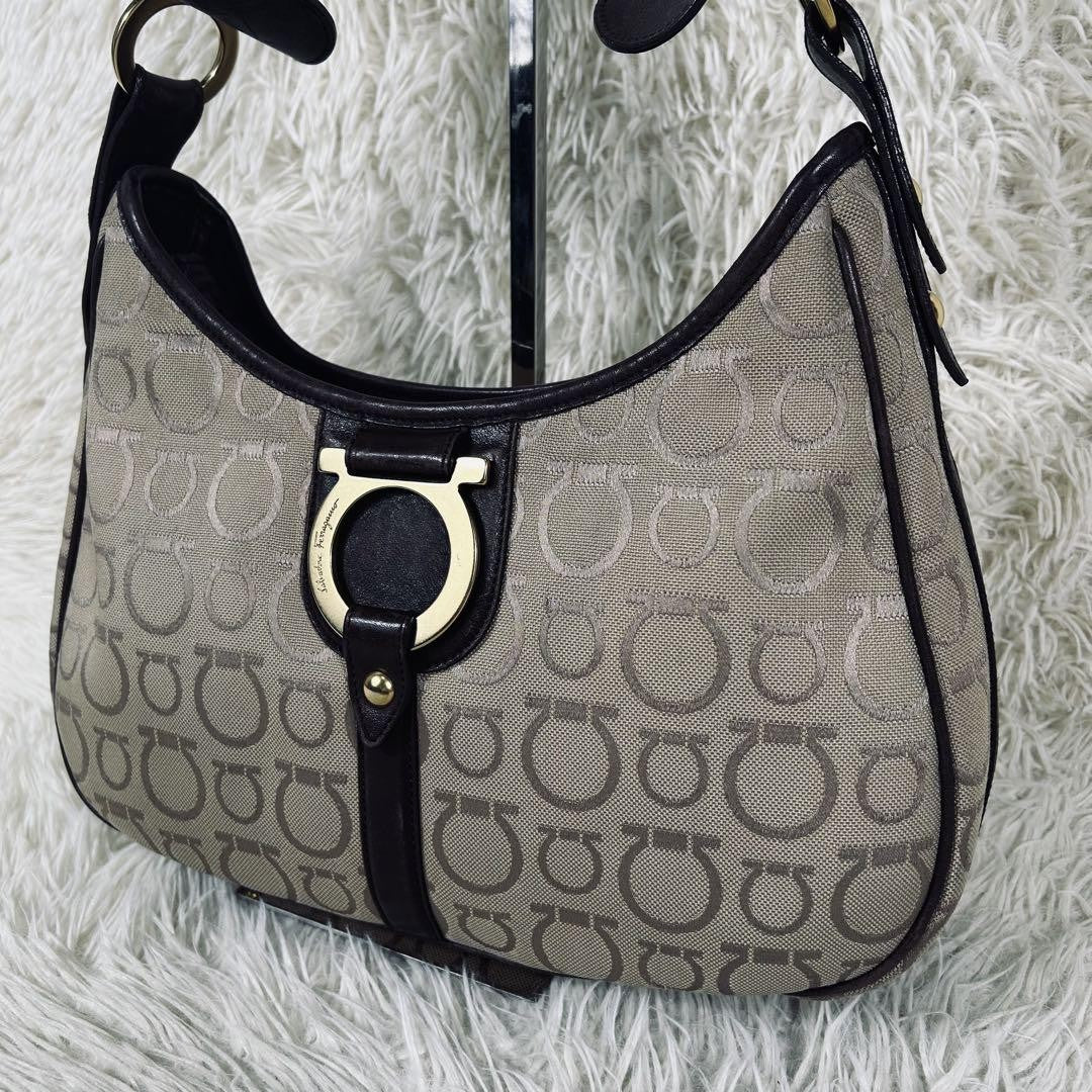 Salvatore Ferragamo Shoulder Bag Purse Gancini Canvas Leather Beige Brown Auth