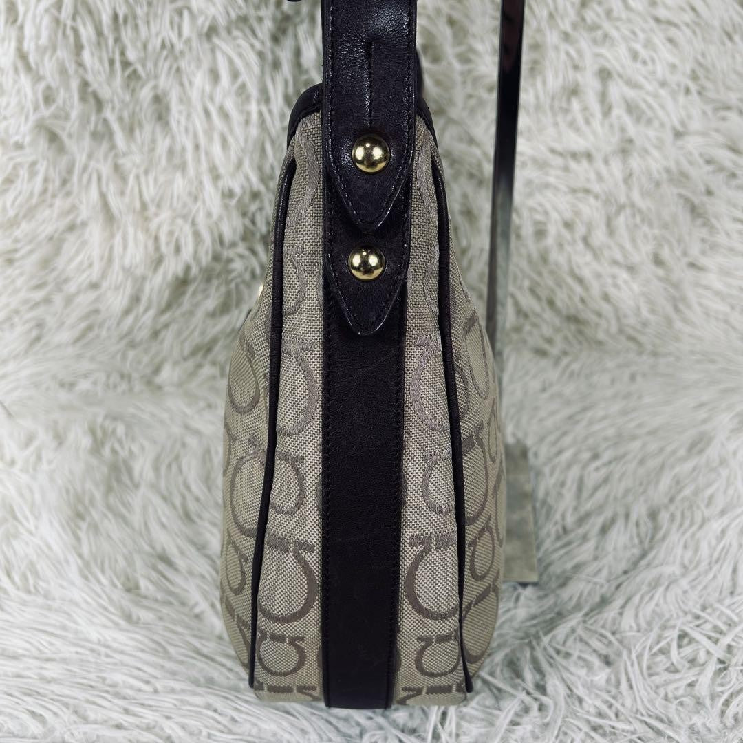 Salvatore Ferragamo Shoulder Bag Purse Gancini Canvas Leather Beige Brown Auth
