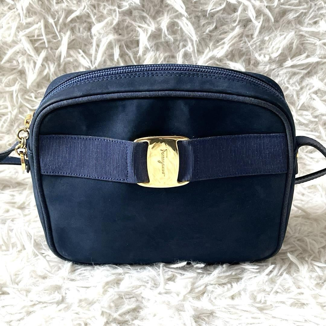 Salvatore Ferragamo Shoulder Bag Purse Vara Navy Authentic