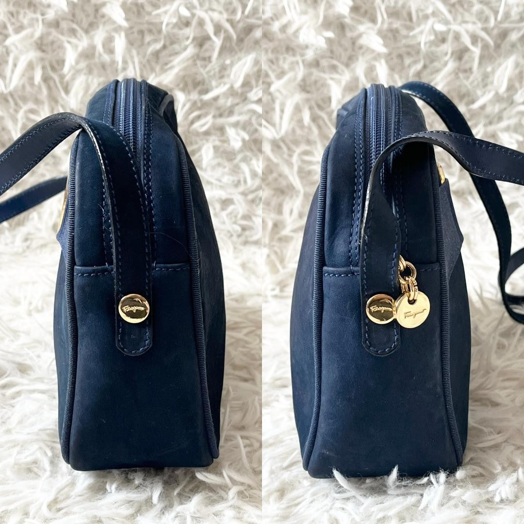 Salvatore Ferragamo Shoulder Bag Purse Vara Navy Authentic