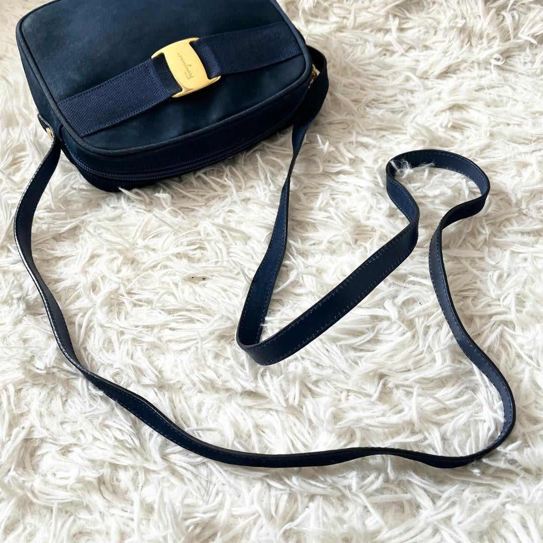Salvatore Ferragamo Shoulder Bag Purse Vara Navy Authentic