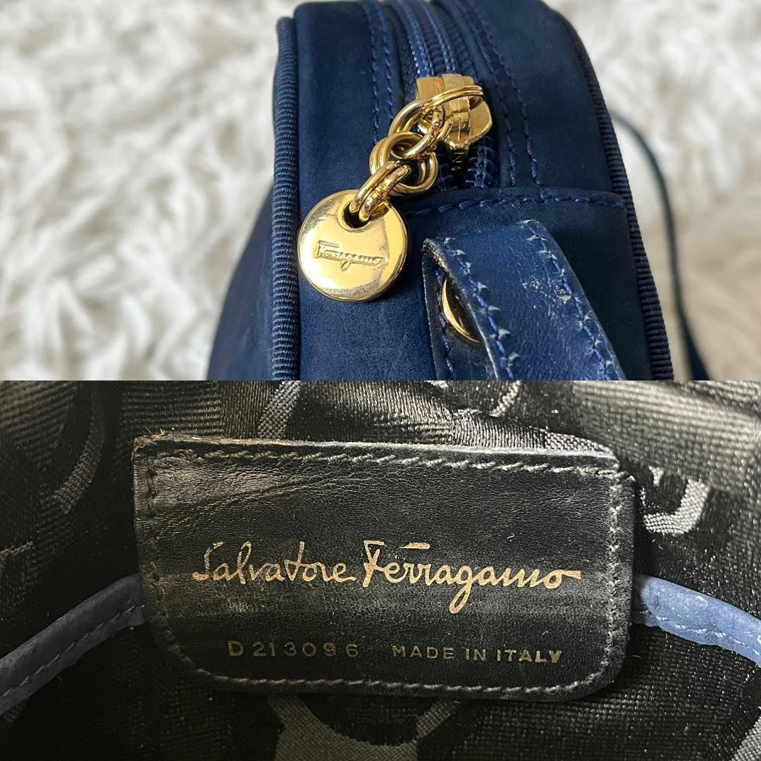 Salvatore Ferragamo Shoulder Bag Purse Vara Navy Authentic