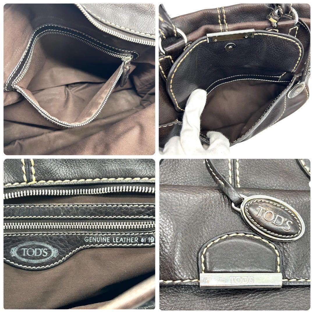 TOD'S Hand Bag Tote Purse Leather Dark Brown Authentic