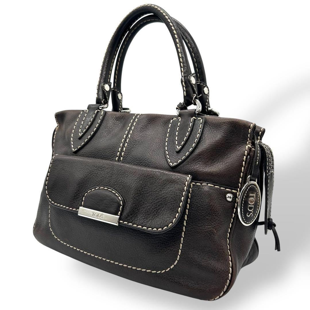 TOD'S Hand Bag Tote Purse Leather Dark Brown Authentic