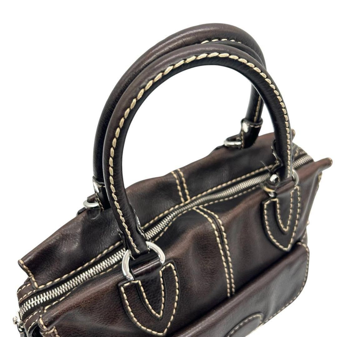TOD'S Hand Bag Tote Purse Leather Dark Brown Authentic
