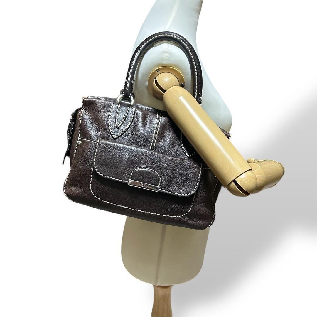 TOD'S Hand Bag Tote Purse Leather Dark Brown Authentic
