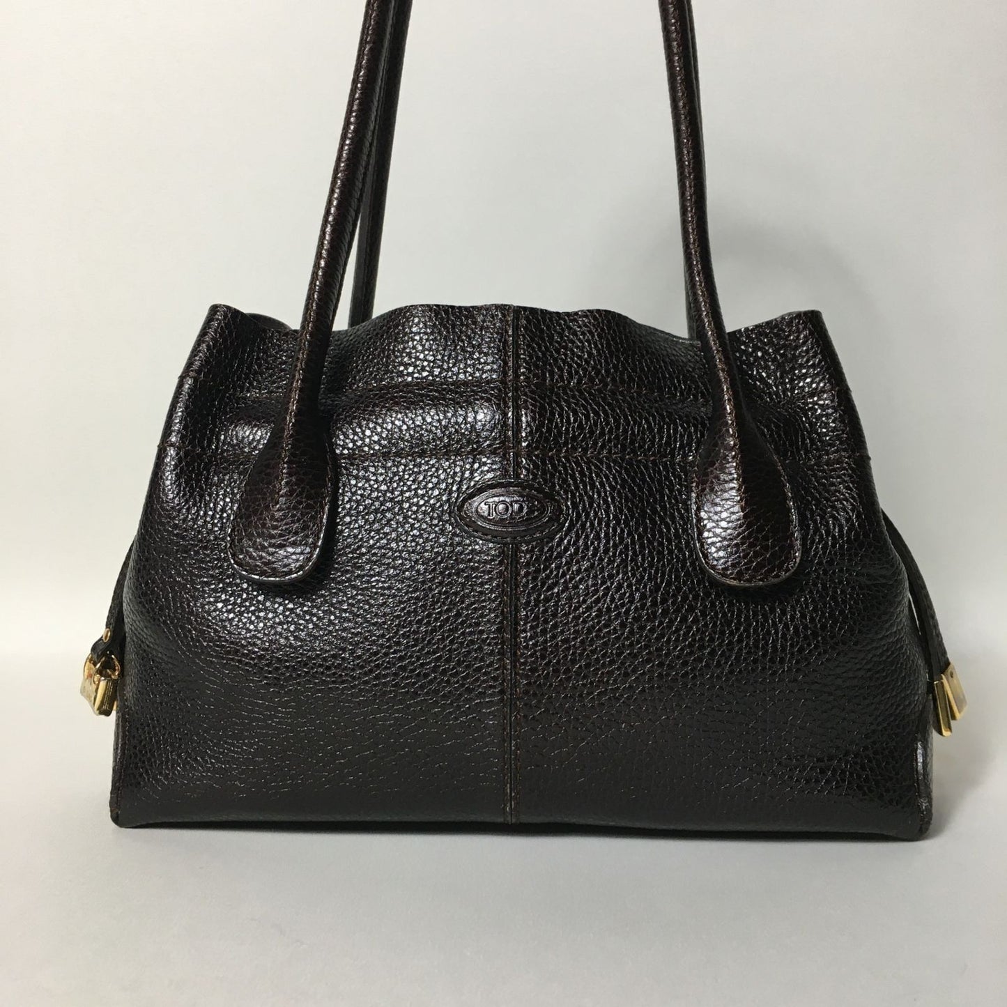 TOD'S Hand Bag Tote Purse Leather Dark Brown Authentic