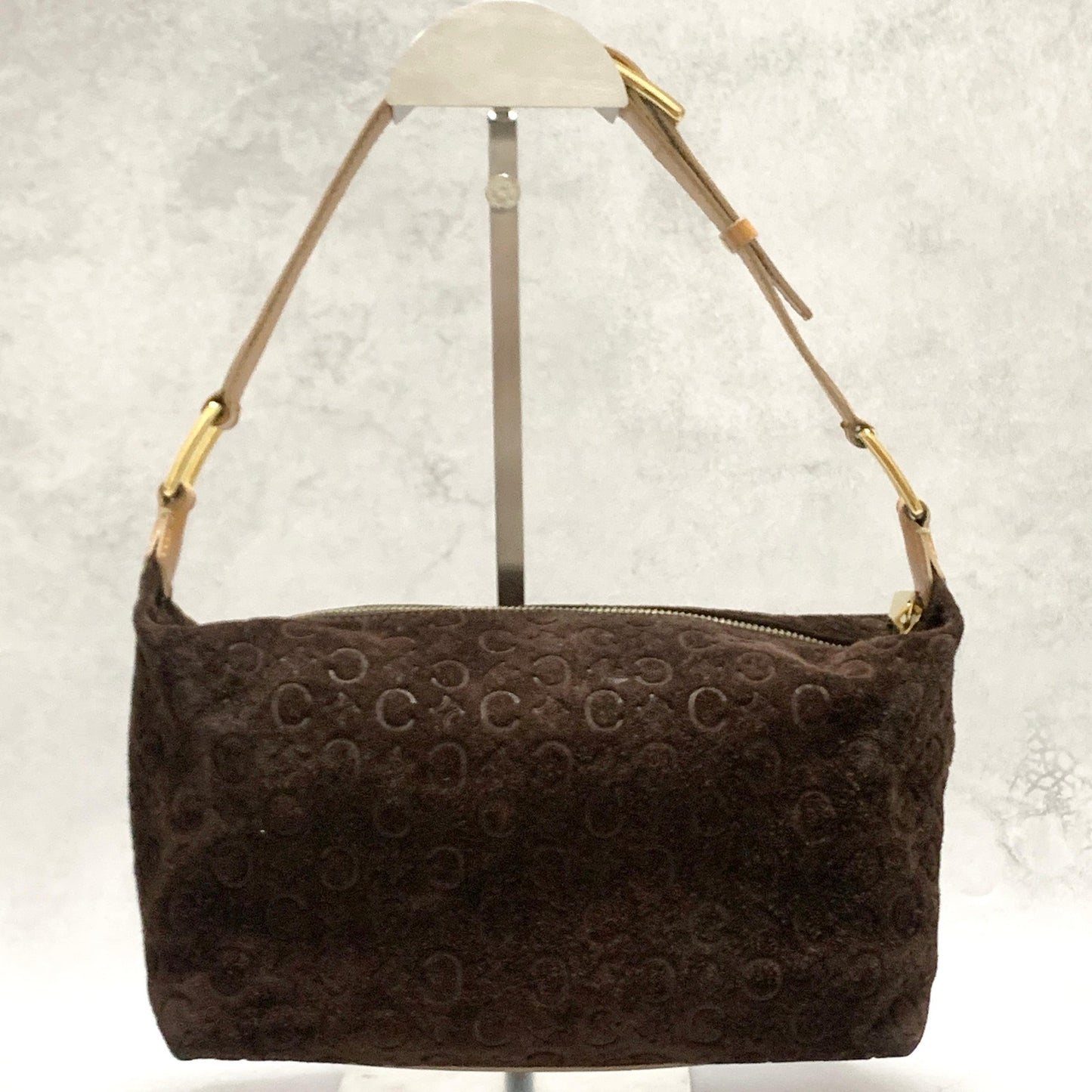 CELINE Bag C Macadam Shoulder Purse Suede Leather Brown Beige Gold Authentic