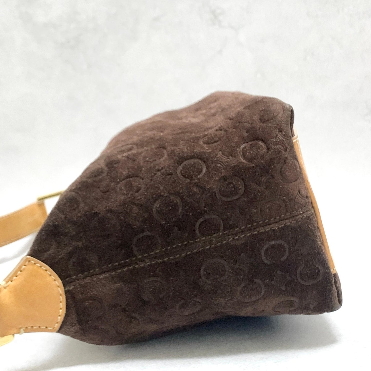 CELINE Bag C Macadam Shoulder Purse Suede Leather Brown Beige Gold Authentic
