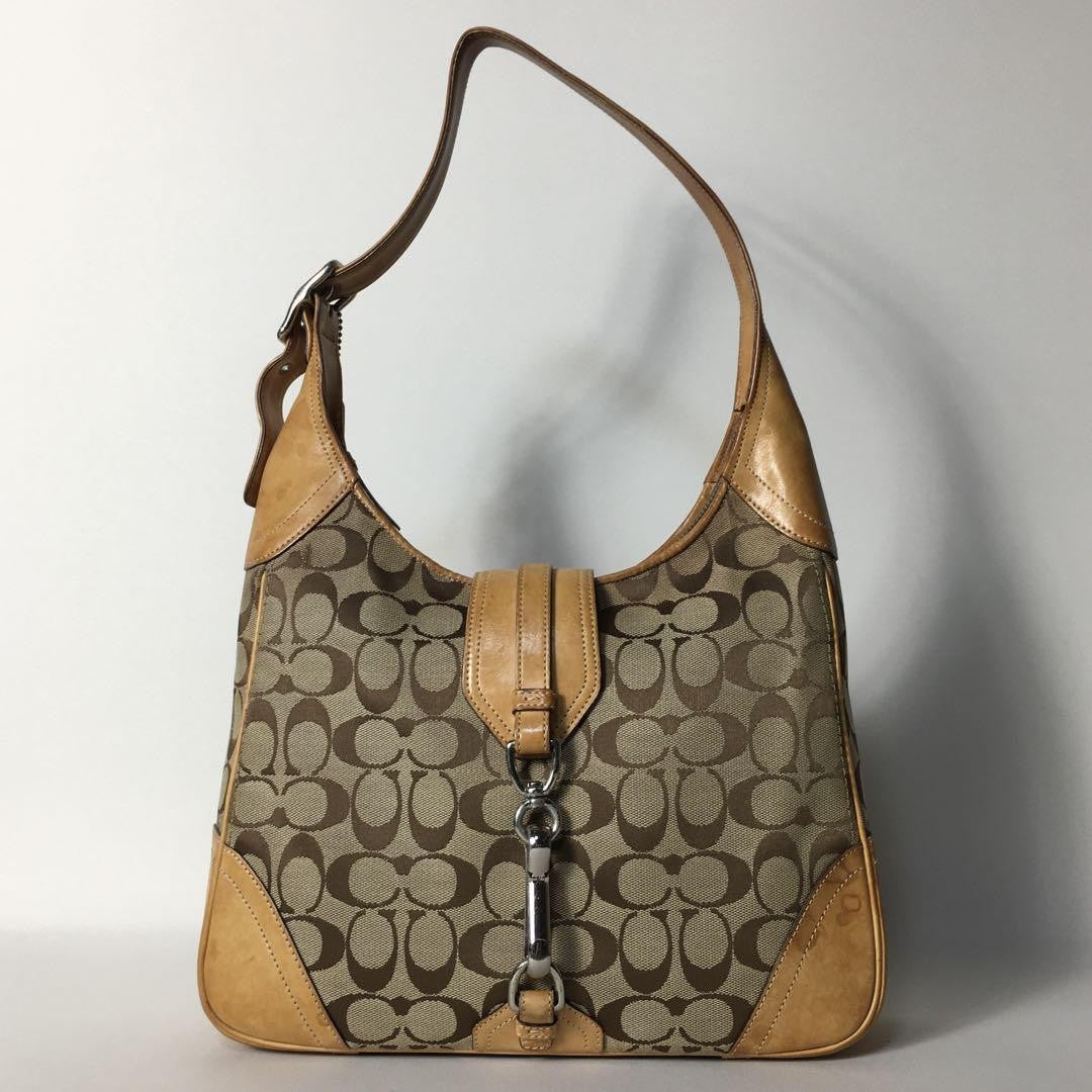 COACH Shoulder Bag Purse Signature Canvas Leather Brown Authentic