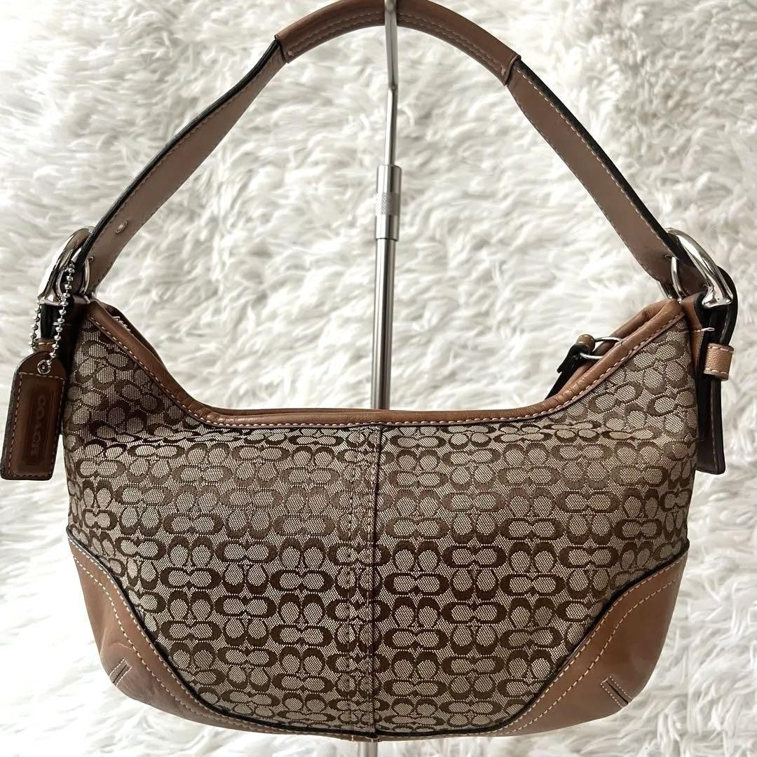 COACH Shoulder Bag Purse Signature 6351 Canvas Leather Beige Brown Authentic