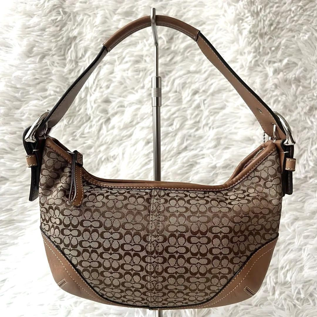 COACH Shoulder Bag Purse Signature 6351 Canvas Leather Beige Brown Authentic