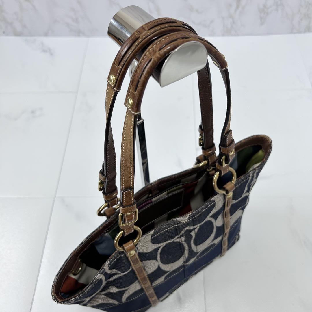COACH Hand Bag Tote Purse Signature Denim Patchwork Cotton Leather Blue Auth