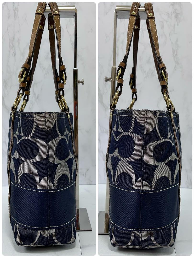 COACH Hand Bag Tote Purse Signature Denim Patchwork Cotton Leather Blue Auth