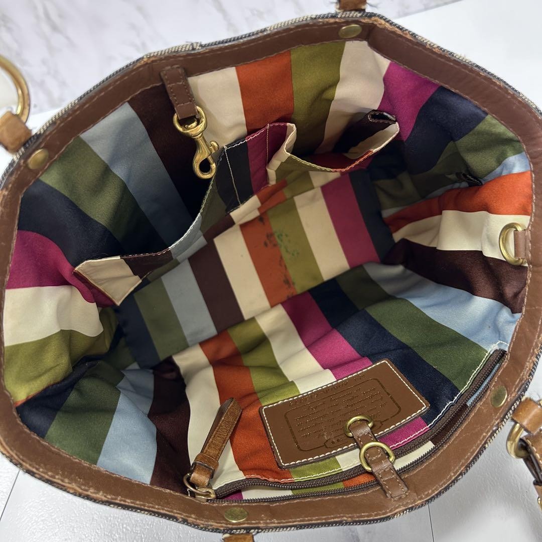 COACH Hand Bag Tote Purse Signature Denim Patchwork Cotton Leather Blue Auth