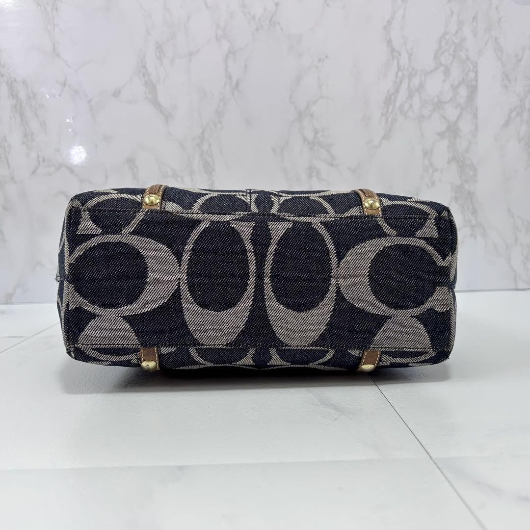 COACH Hand Bag Tote Purse Signature Denim Patchwork Cotton Leather Blue Auth