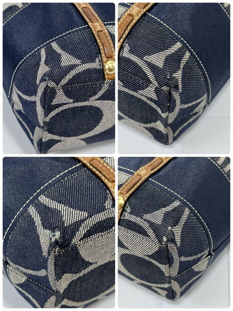 COACH Hand Bag Tote Purse Signature Denim Patchwork Cotton Leather Blue Auth