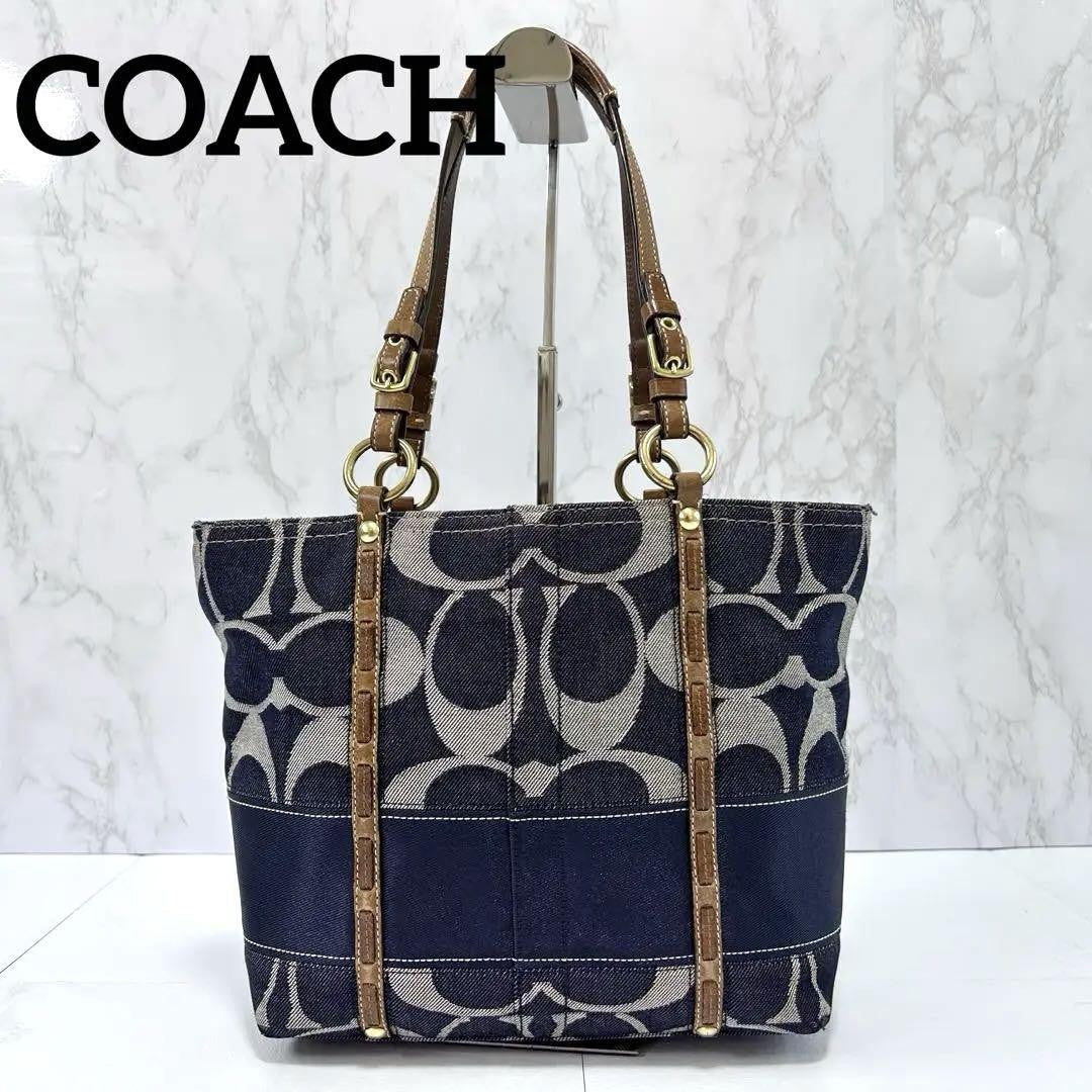 COACH Hand Bag Tote Purse Signature Denim Patchwork Cotton Leather Blue Auth