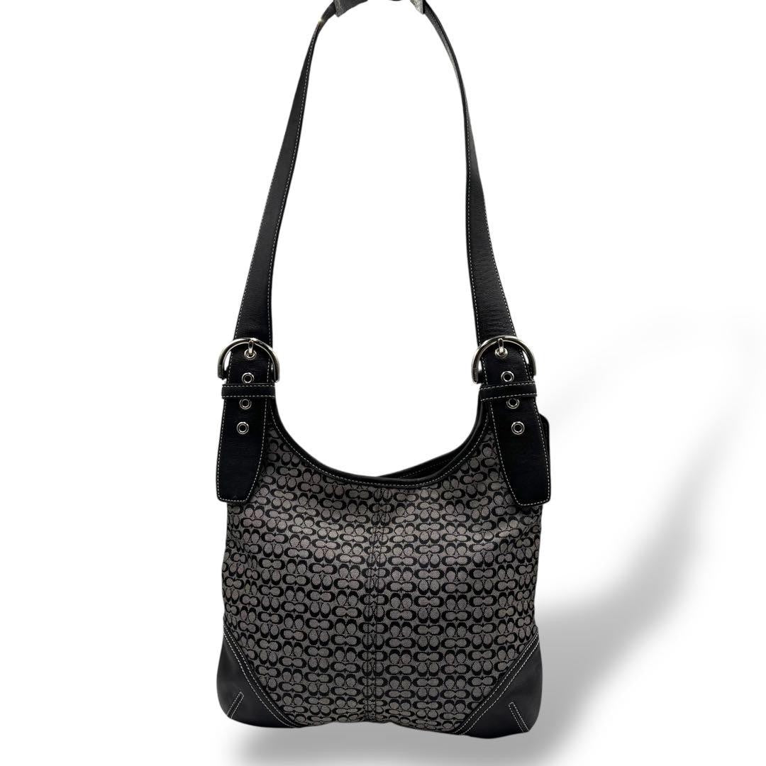 COACH Shoulder Bag Purse Signature 6386 Canvas Leather Black Gray Authentic