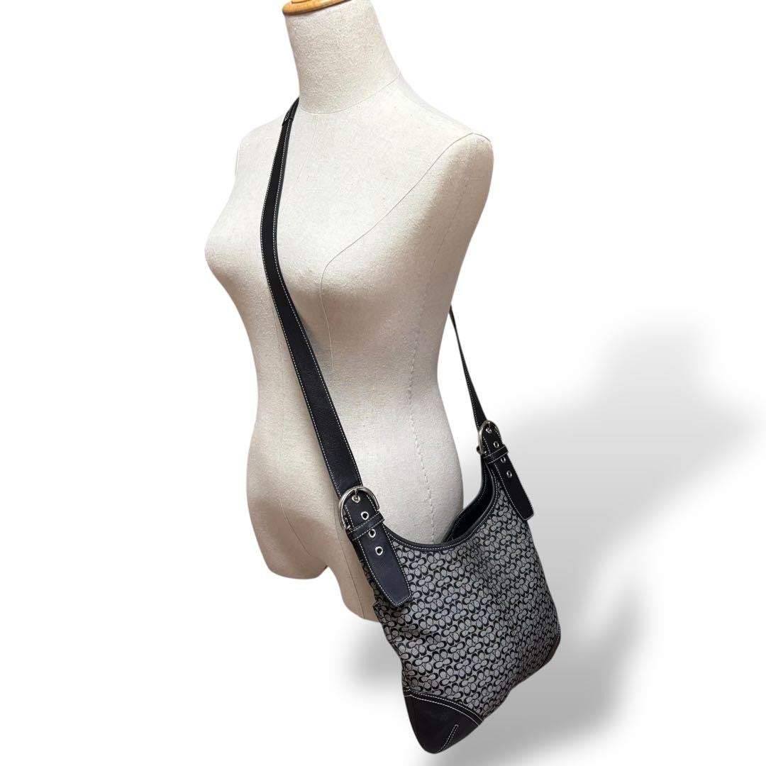 COACH Shoulder Bag Purse Signature 6386 Canvas Leather Black Gray Authentic