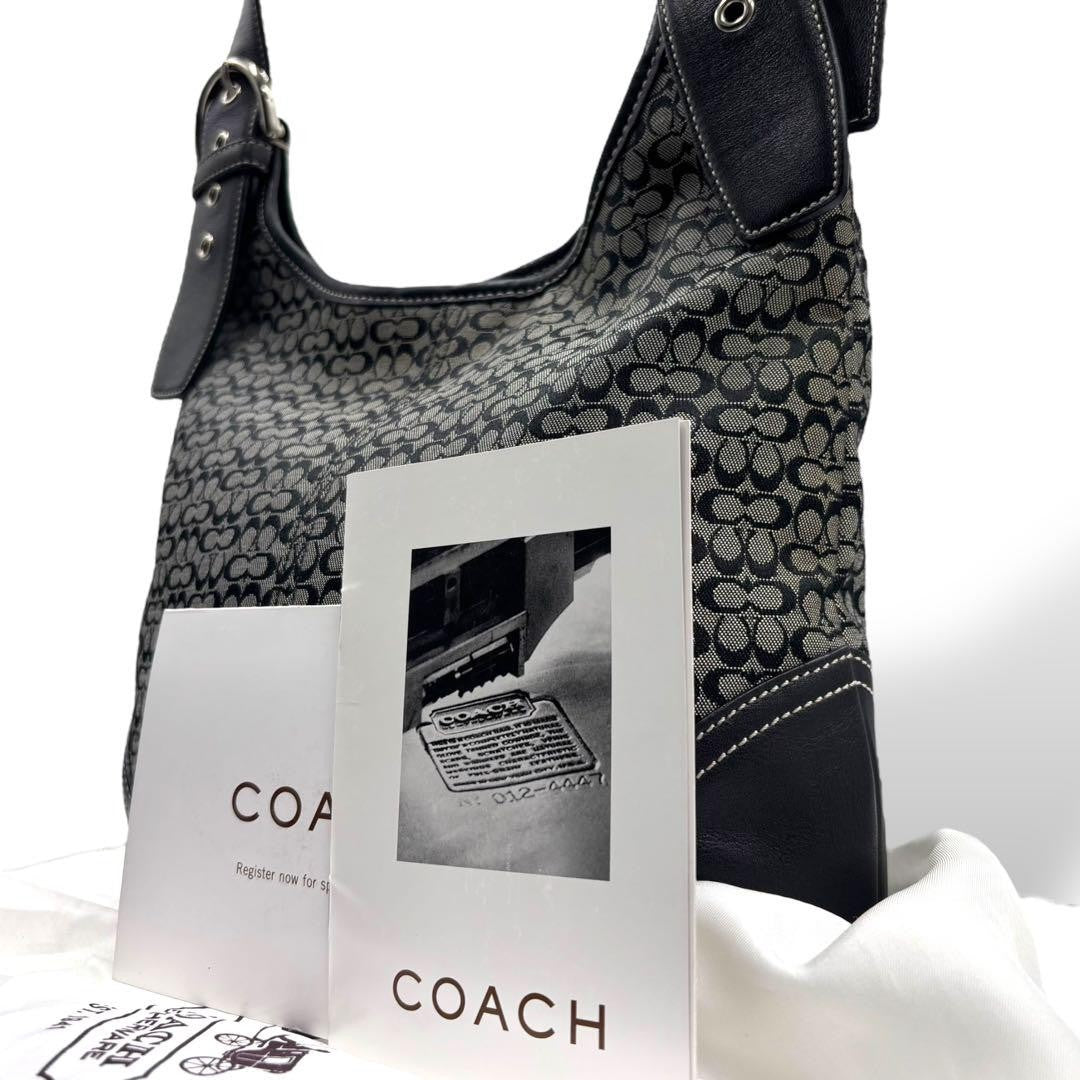 COACH Shoulder Bag Purse Signature 6386 Canvas Leather Black Gray Authentic