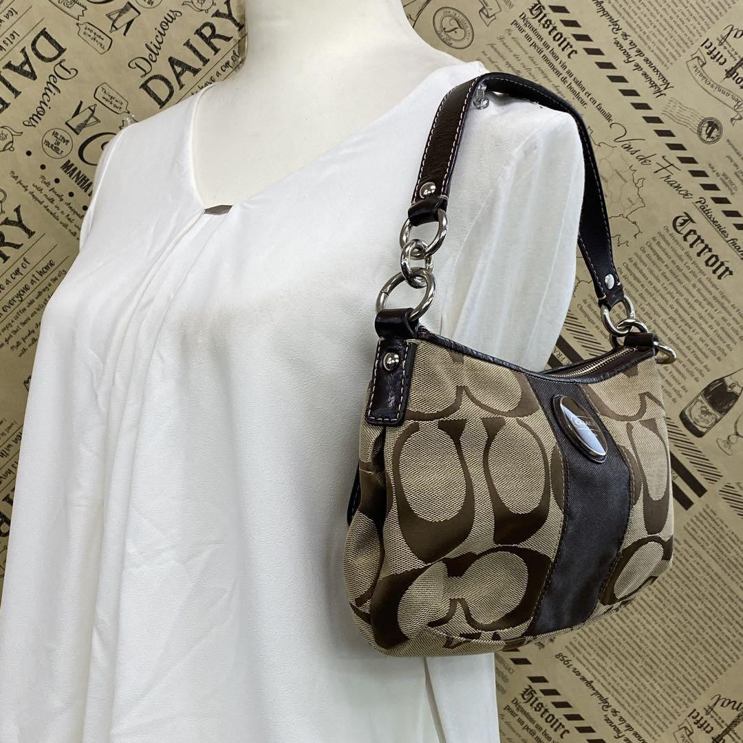 COACH Shoulder Bag Purse Signature Canvas Leather Brown Authentic