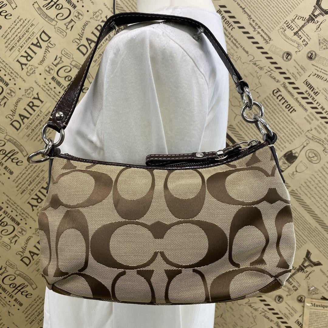 COACH Shoulder Bag Purse Signature Canvas Leather Brown Authentic