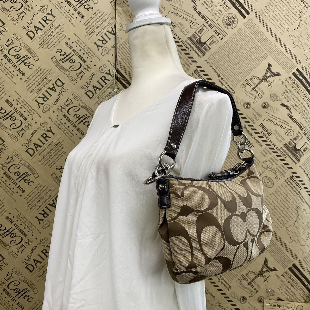 COACH Shoulder Bag Purse Signature Canvas Leather Brown Authentic