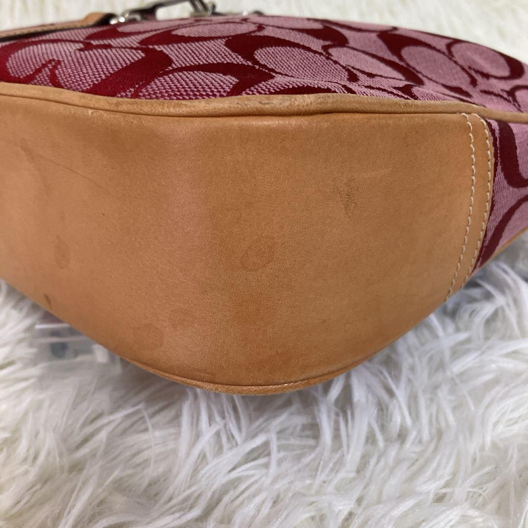 COACH Shoulder Bag Purse Signature 6091 Canvas Leather Red Authentic