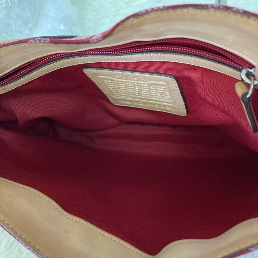 COACH Shoulder Bag Purse Signature 6091 Canvas Leather Red Authentic