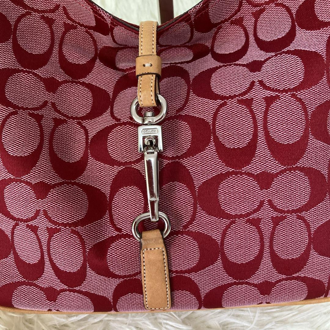 COACH Shoulder Bag Purse Signature 6091 Canvas Leather Red Authentic