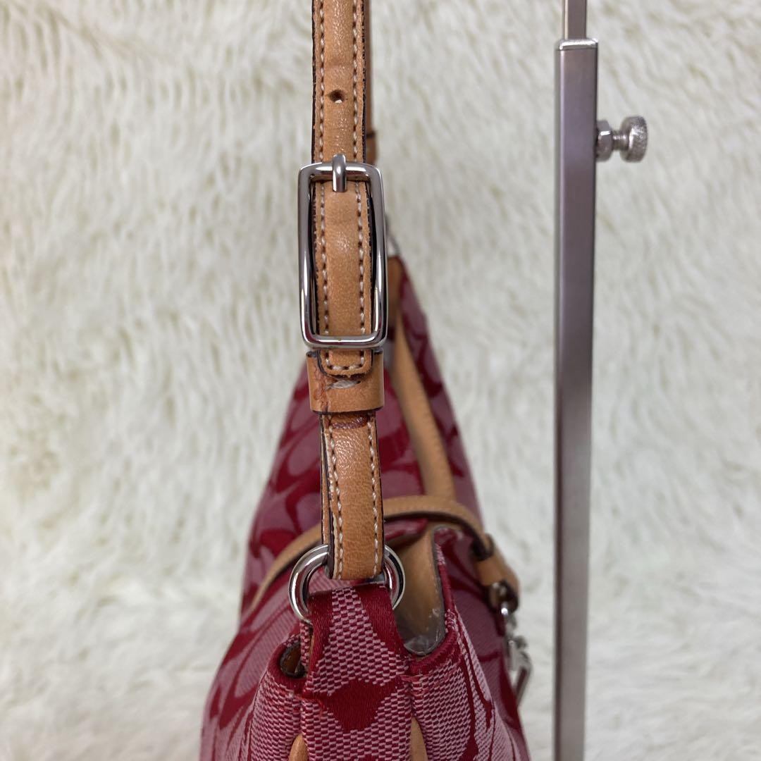 COACH Shoulder Bag Purse Signature 6091 Canvas Leather Red Authentic
