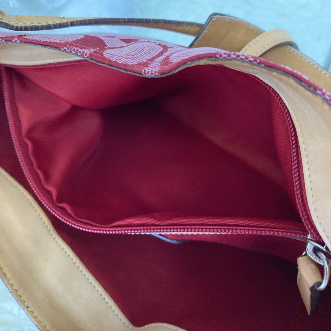 COACH Shoulder Bag Purse Signature 6091 Canvas Leather Red Authentic
