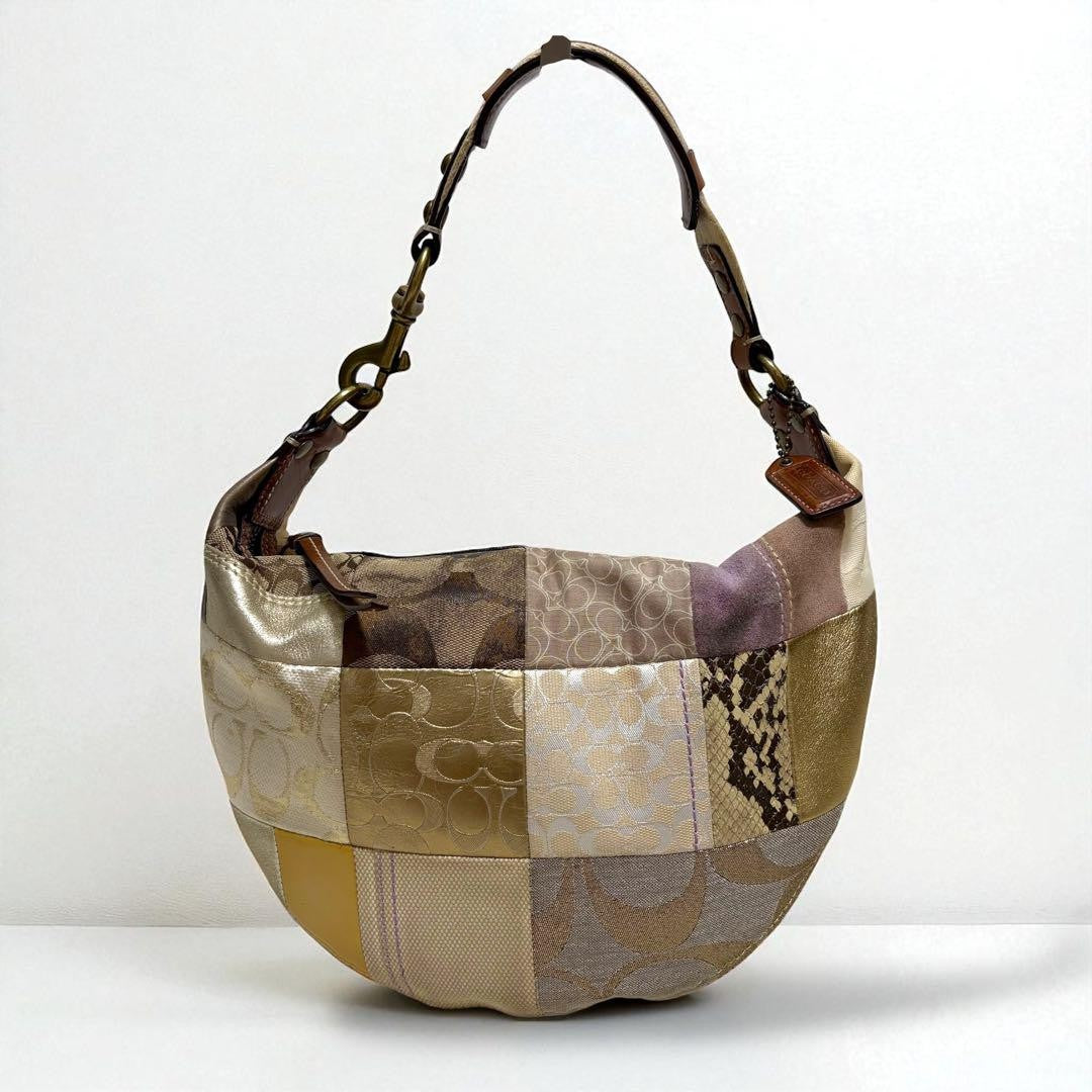 COACH Shoulder Bag Purse Signature 10019 Suede Canvas Brown Authentic