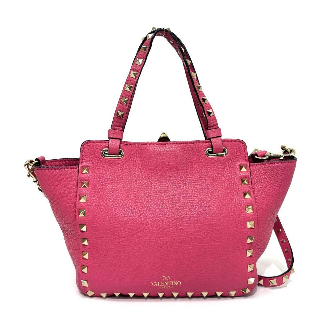 Valentino Hand Shoulder Bag Tote Purse 2way Studs Leather Pink Authentic