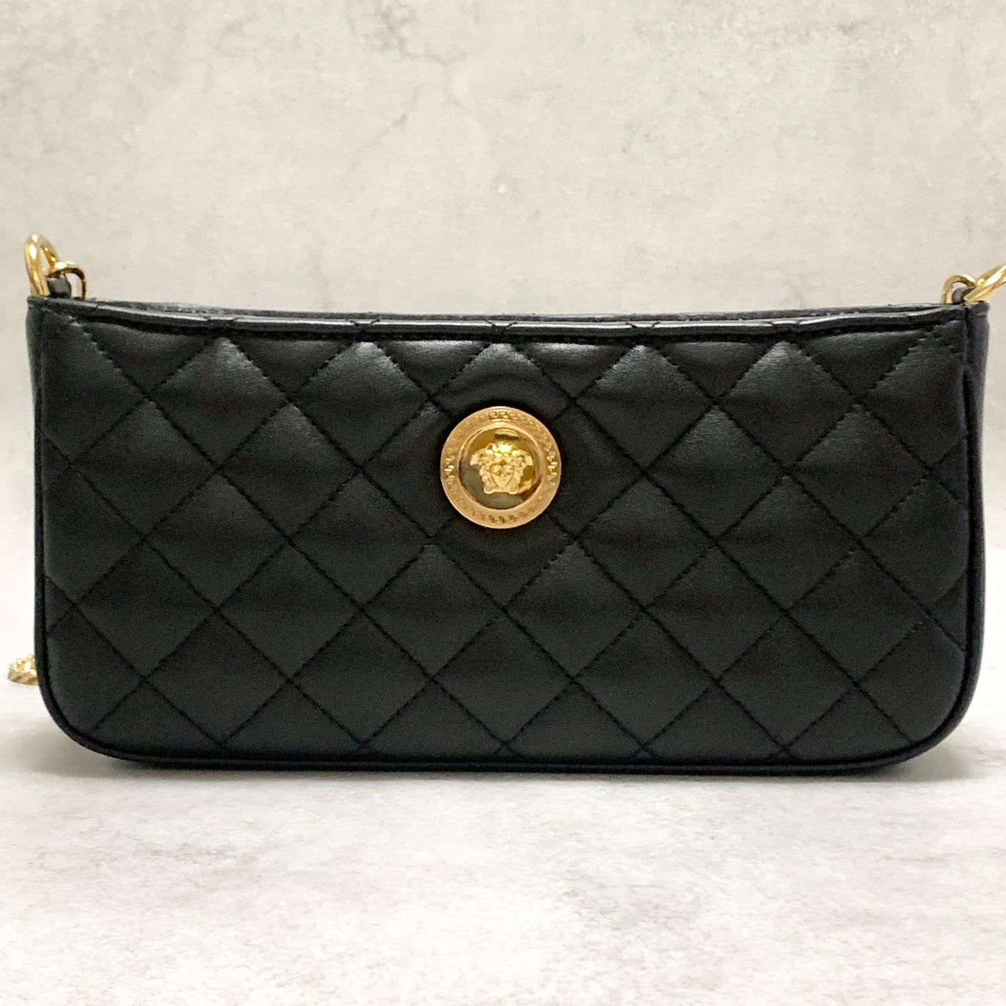 VERSACE Bag Medusa Chain Shoulder Purse Leather Black Chain Gold Used Authentic