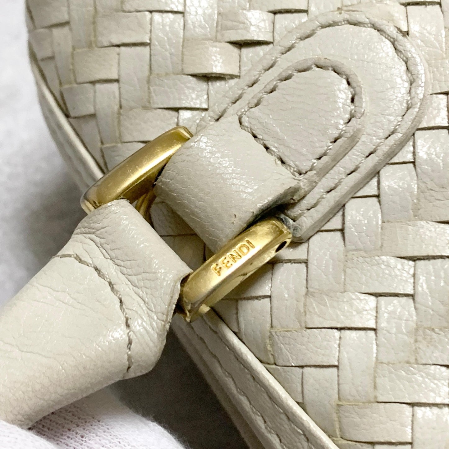 FENDI Bag FF Boston Hand Tote Purse Leather White Gold Used Authentic