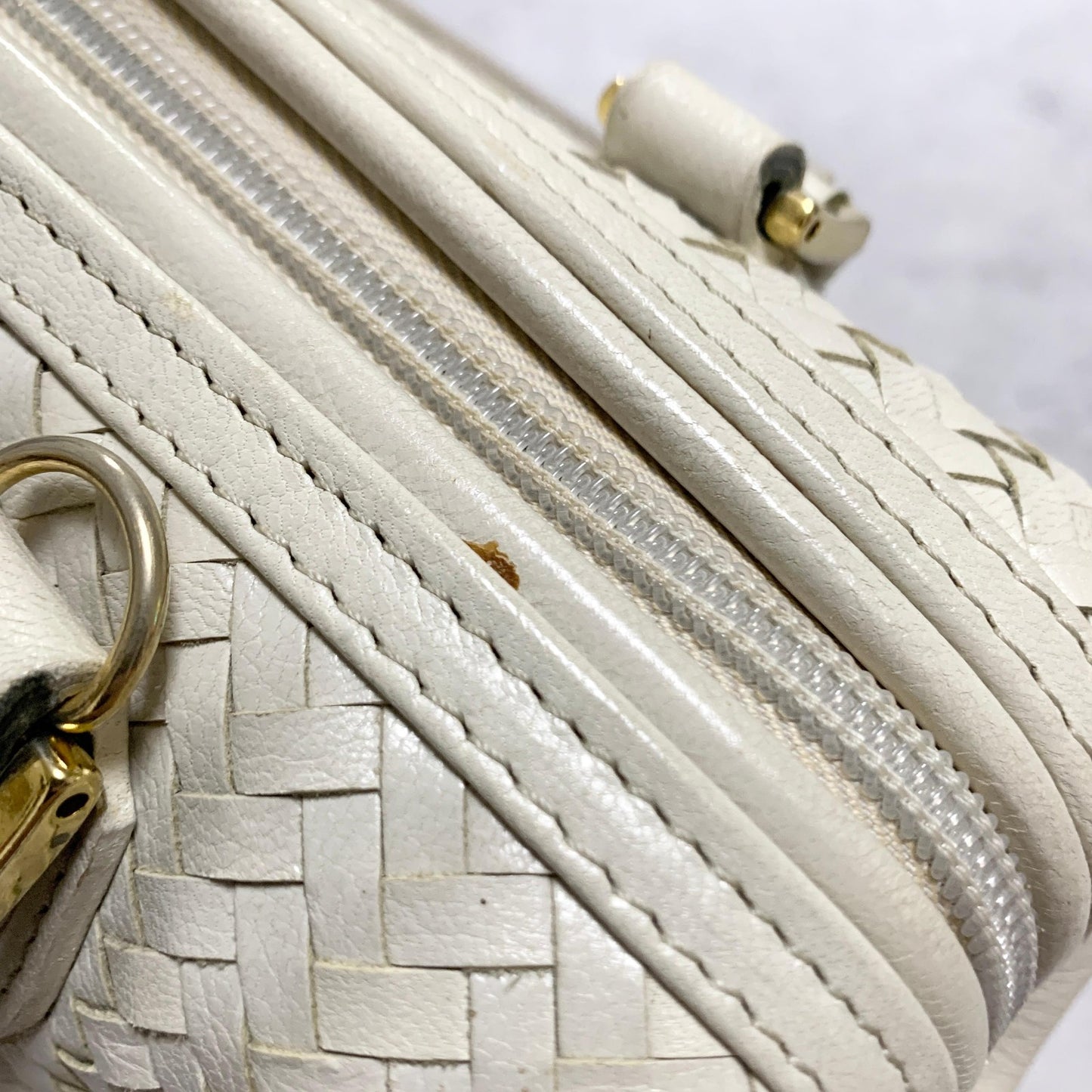 FENDI Bag FF Boston Hand Tote Purse Leather White Gold Used Authentic