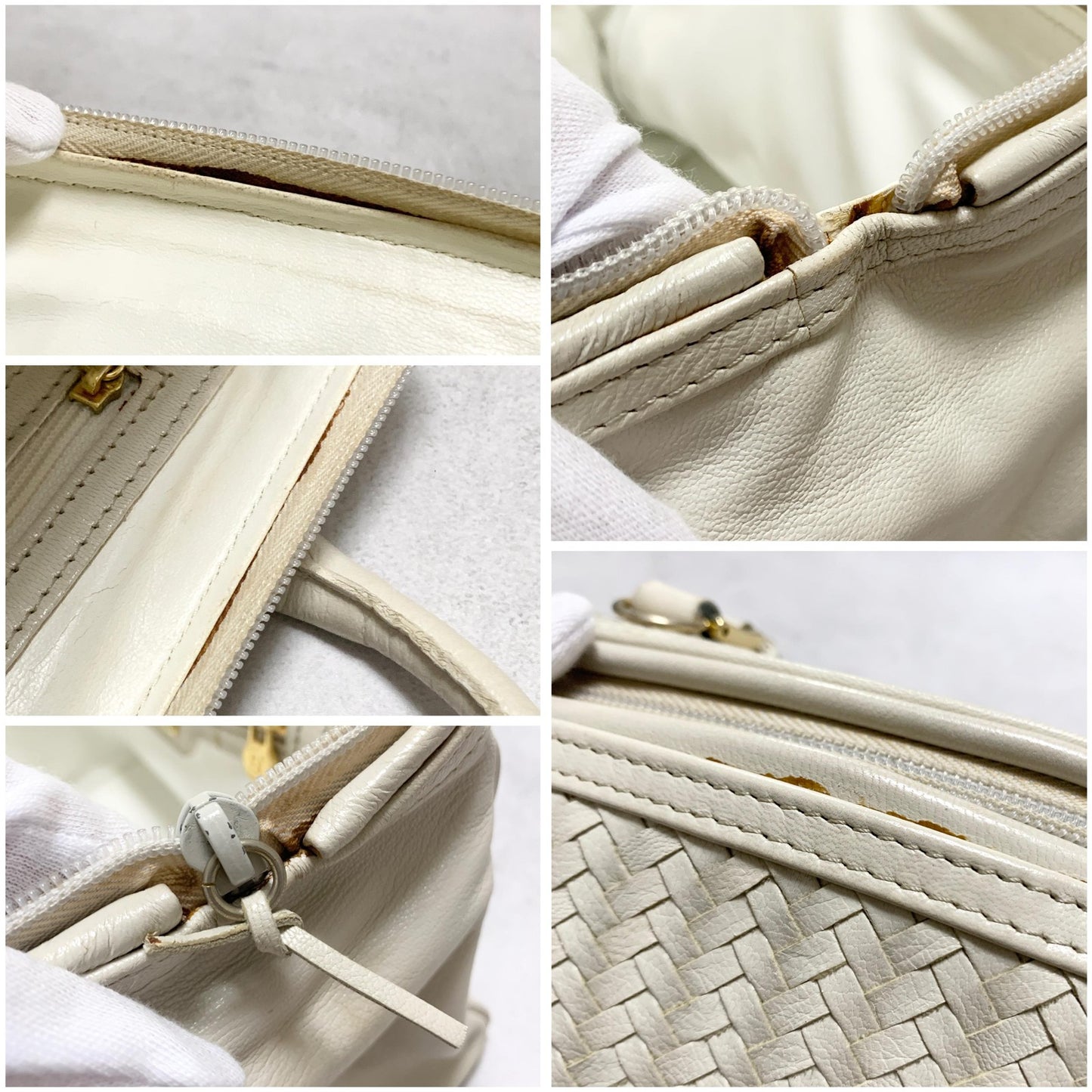 FENDI Bag FF Boston Hand Tote Purse Leather White Gold Used Authentic