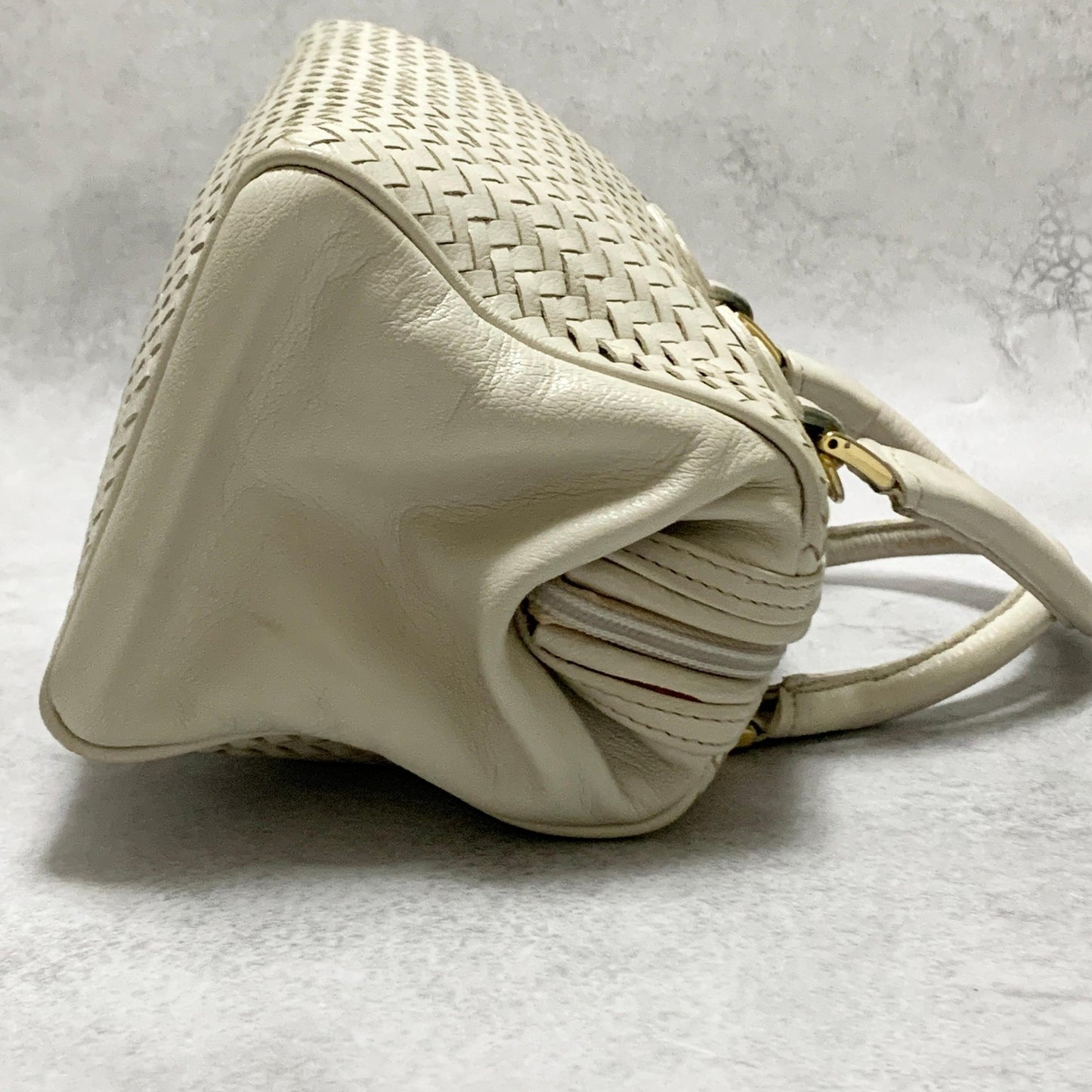 FENDI Bag FF Boston Hand Tote Purse Leather White Gold Used Authentic